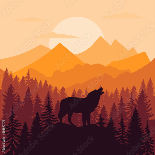 Vector illustration of a howling wolf standing on the hill with a panoramic view of mountains, forest and beautiful sunset. EPS