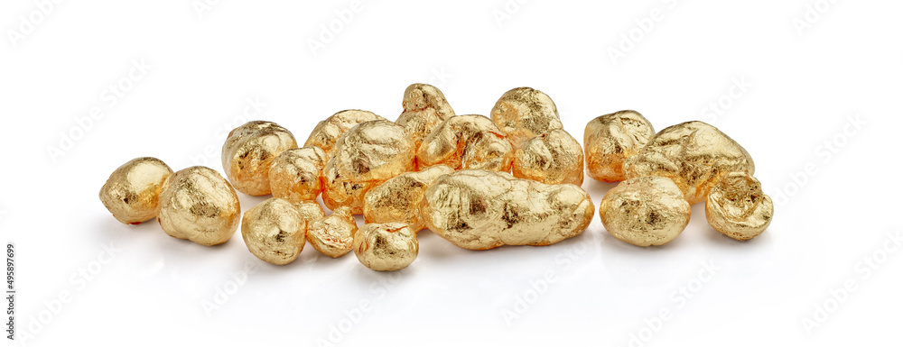 Yellow Gold Nuggets Isolated on White Background. Wide Banner Sized Image. 