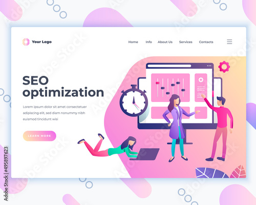 Landing page template seo optimization concept with office people. Modern flat design web page design for website and mobile website. Vector illustration