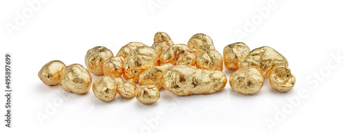 Yellow Gold Nuggets Isolated on White Background. Wide Banner Sized Image. 
