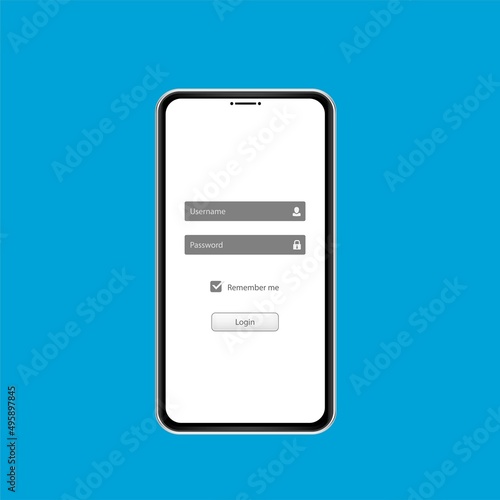 Log in screen. Mobile application interface, registration form with login and password. Website UI with buttons and network account.