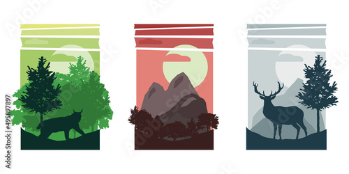 Set of abstract banners of wild animals in hills of forest with trunks of trees in different colors EPS vector