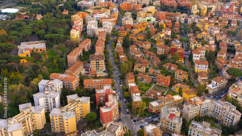 Aerial view of Garbatella, an urban zone of Rome in Italy.