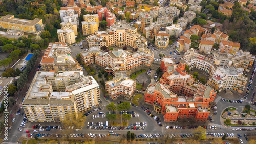 Aerial view of Garbatella, an urban zone of Rome in Italy.