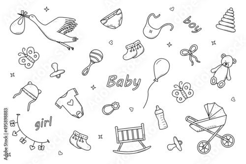 Newborn icons set doodle style. Vector illustration of elements for a baby.