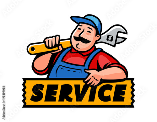 Construction worker with wrench or tool. Service repair, plumbing work emblem. Cartoon plumber vector illustration