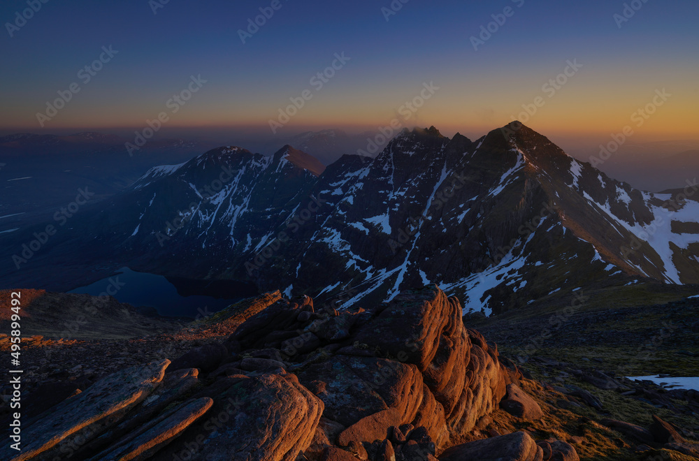 Sunset view of An teallach mountain range in the north west of Scotland.