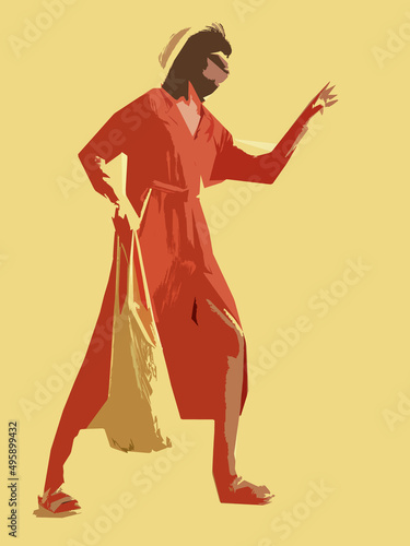Girl on a yellow background in a red dress, hat and with a bag in his hands (ID: 495899432)