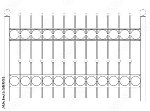 Outline of a detailed metal fence made of black lines isolated on a white background. Vector illustration