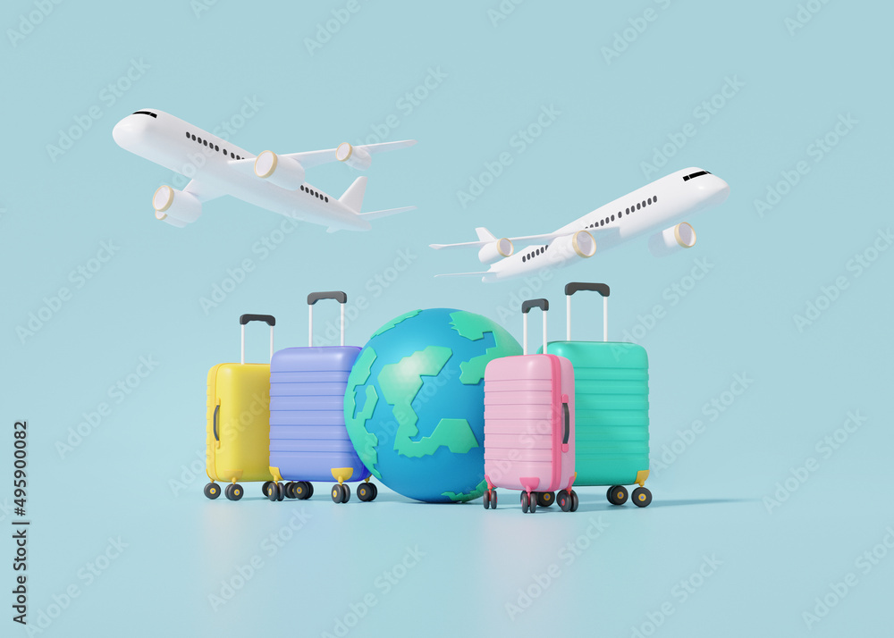 Globe and suitcase with flight plane travel tourism plane trip planning world tour luggage, leisure touring holiday summer concept. minimal cartoon. 3d render illustration
