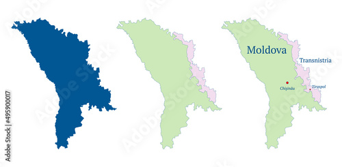 Moldova and Transnistria map. Pridnestrovian Moldavian Republic (PMR) map. Detailed blue outline and silhouette. Set of vector maps. All isolated on white background. Template for design. photo