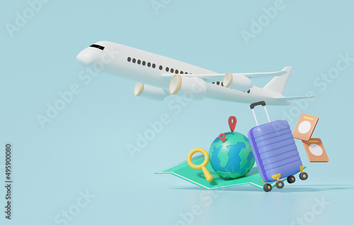 3D Flight plane travel tourism plane trip planning world tour luggage with pin location suitcase and map, leisure touring holiday summer concept. 3d render illustration
