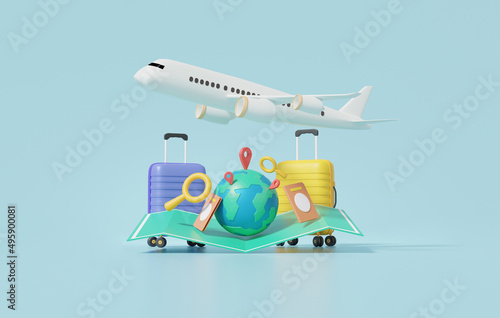 3D rendering globe pin map and suitcase with flight plane travel tourism plane trip planning world tour luggage, leisure touring holiday summer concept. minimal cartoon illustration