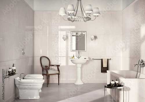 Modern interior design, bathroom with elegant tiles, seamless, luxurious background. © Fran Antolini