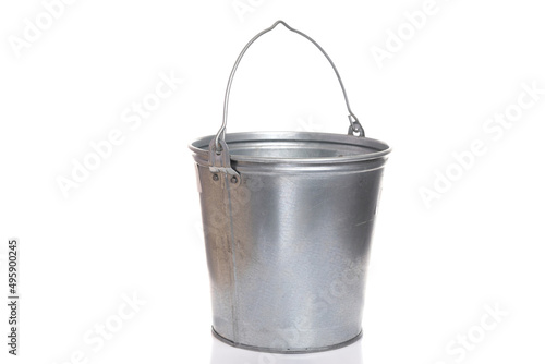 metal galvanized stainless steel bucket with a handle on a white isolated background