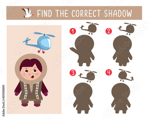 Find the correct shadow. Girl and helicopter. Game for children. Activity, vector illustration.