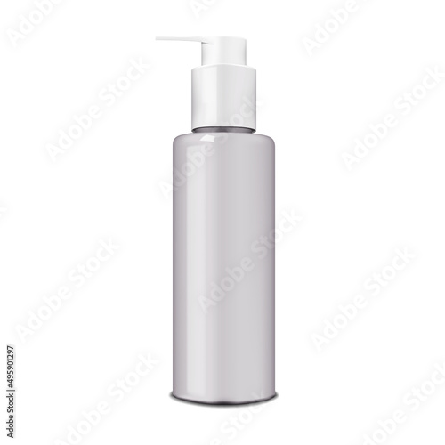 Cosmetic bottle with pump dispenser, realistic mockup. Beauty product container with fine tip applicator cap isolated on white background, vector mock-up. Template for design