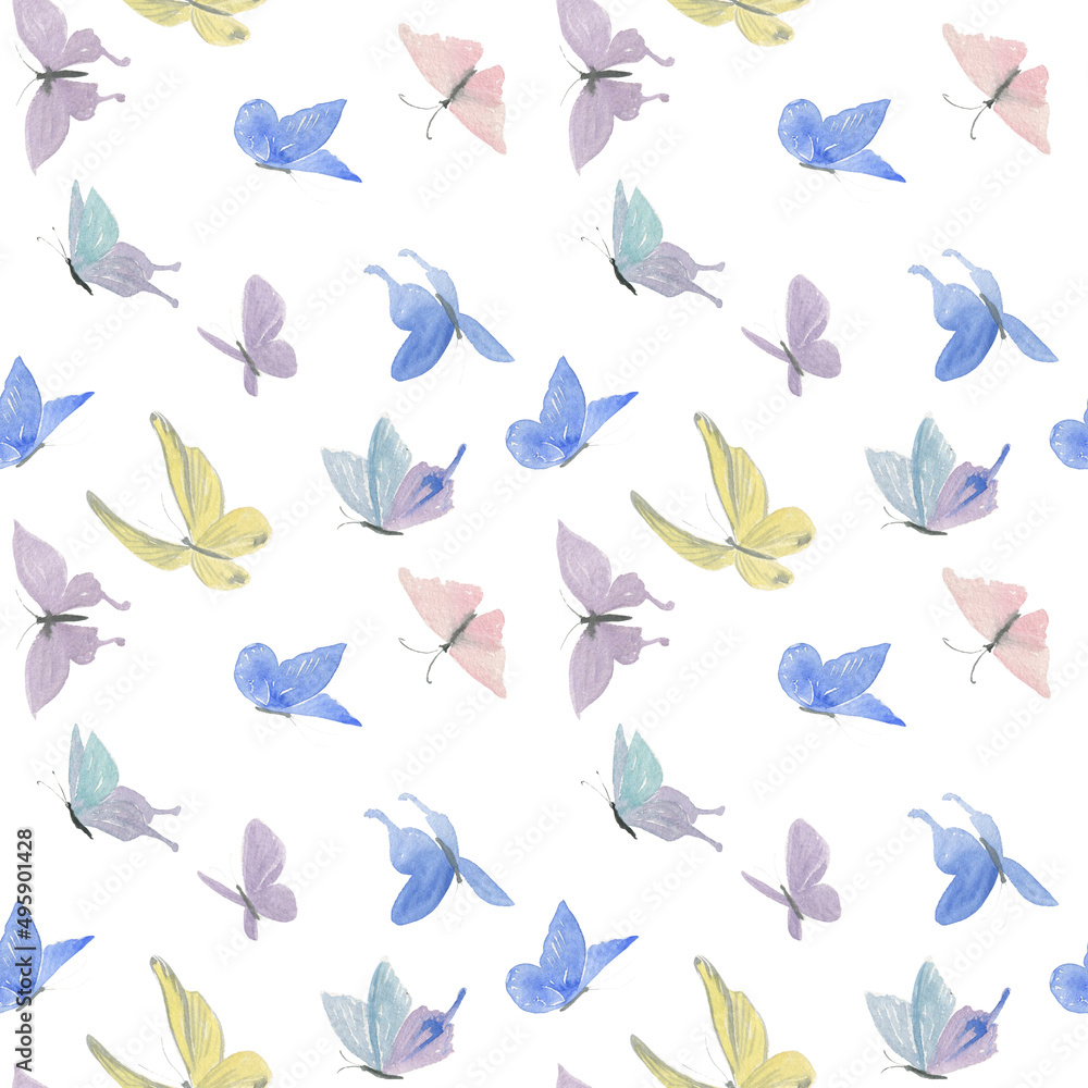 Watercolor painting seamless pattern with simple light beautiful butterflie. Summer background Watercolor painting seamless pattern with simple light beautiful butterflie. Summer background