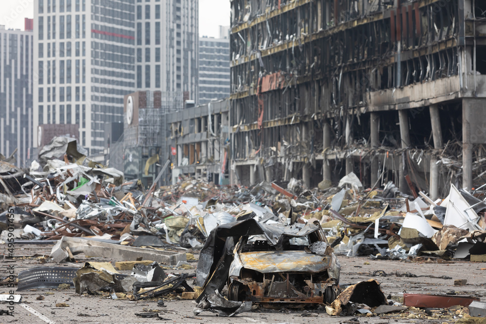 War in Ukraine. Damaged shopping center in Kyiv War in Ukraine. Damaged shopping center in Kyiv