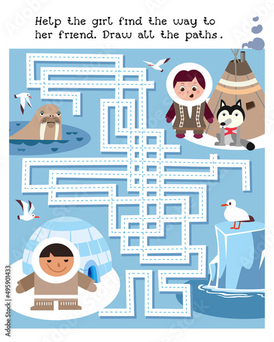 Help girl find way to her friend. Draw all paths. Maze game activity for kids. vector illustration.