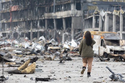 War in Ukraine. Damaged shopping center in Kyiv photo