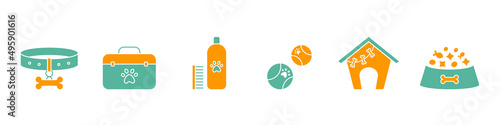 Vector illustration of cartoon pet equipment icons on white background.