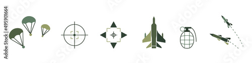 Vector illustration of cartoon war icons on white background.