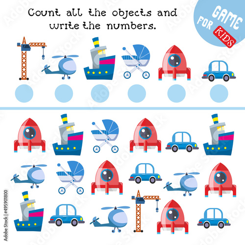 Fototapeta Naklejka Na Ścianę i Meble -  How many objects do you see here. Count and write numbers. Game for children. Math worksheet for kids. Vector color illustration.