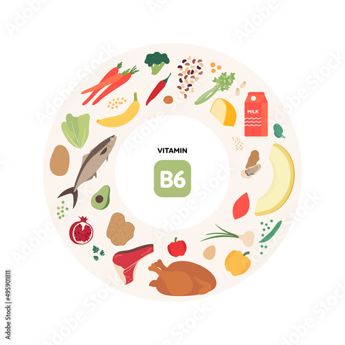 Healthy food guide concept. Vector flat illustration. Infographic of b6 vitamin sources. Colorful meat, poultry, seafood, fruit, vegetables, dairy products and grains icon set.