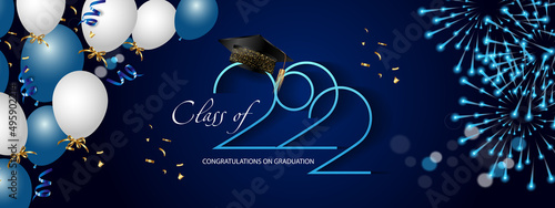 Graduation greetings 2022. Class of 2022. Congratulations on graduation. Realistic graduation hat and balloons. Vector photo