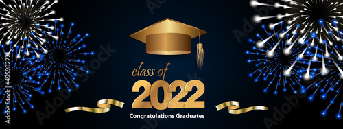 Graduation greetings 2022. Class of 2022. Congratulations on graduation. Realistic graduation hat and balloons. Vector