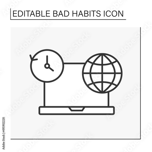 Internet addiction line icon. Social networks dependence. Sitting near laptop days and nights. Bad habits concept. Isolated vector illustration. Editable stroke