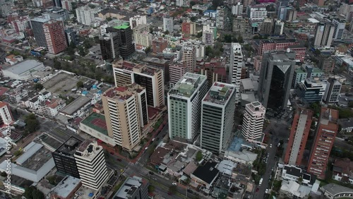 Aerial view of downtown Quito, Ecuador, central buildings and streets in twilight, drone shot