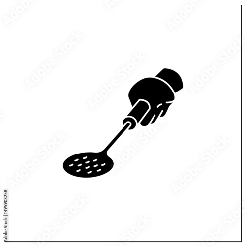 Skimmer glyph icon. Sieve-like spoon. Skimming cooking liquids, lifting ripened cream from milk. Kitchen tools concept. Filled flat sign. Isolated silhouette vector illustration