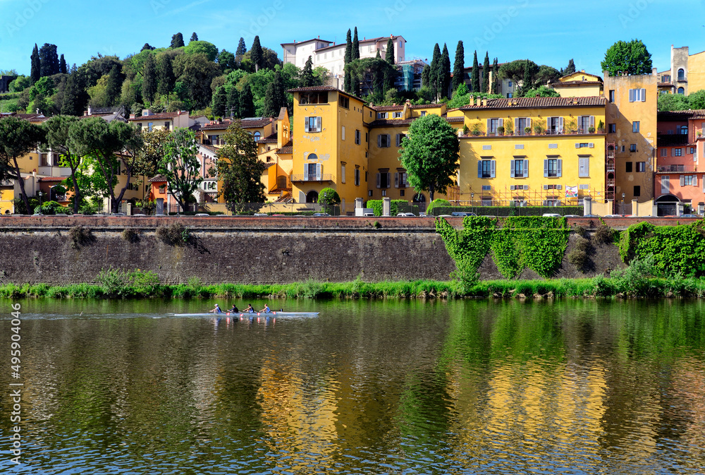 UNESCO , historic buildings and gardens along Arno river, Lungarno Torrigiani, Evangelical Lutheran Church on left behind the tree, Villa Bardini up on the hill, Florence, Tuscany, Italy, Europe