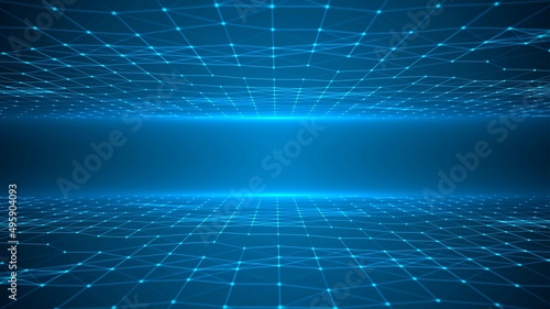 Neon frame background. Pattern plexus lines and dots, glowing stars. Field graphic grid. World wide computer network. Bright ray light, energy. Space gate. Poster technology, medicine, business.