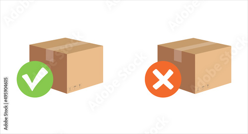 Carton delivery packaging open and closed box with fragile signs. Delivered and undelivered icon. photo