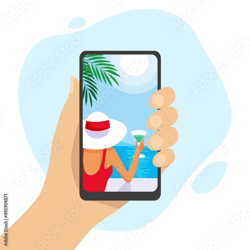 Human hand holding smartphone with tropical picture. Girl dreaming about vacations on the seaside. Vector illustration