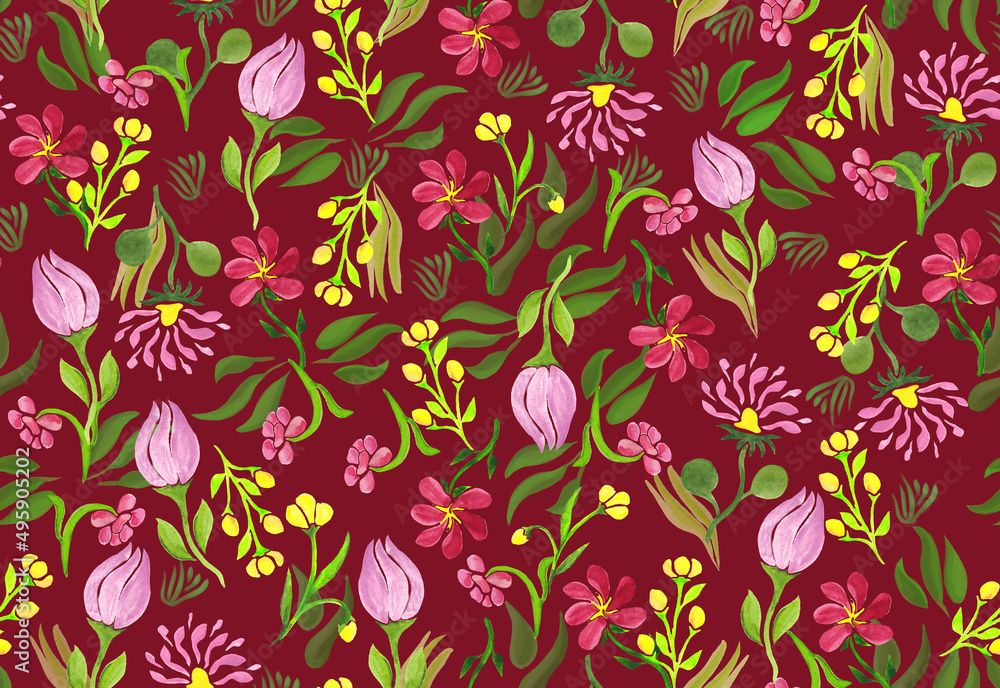 watercolor floral, delicate flowers, yellow,red and pink flowers, seamless pattern