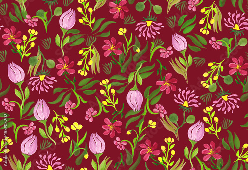 watercolor floral  delicate flowers  yellow red and pink flowers  seamless pattern