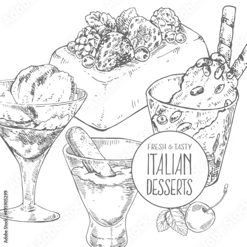 Hand drawn vector italian dessert, sweets set