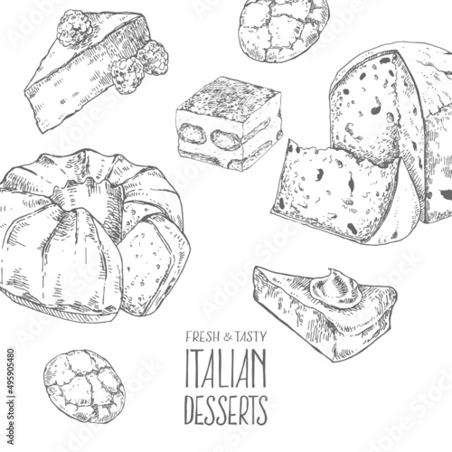 Hand drawn vector italian dessert, sweets set