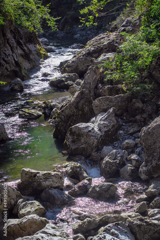 mountain river in the gorge of mountains near the city of San Pelegrino in Italy mountain river in the gorge of mountains near the city of San Pelegrino in Italy