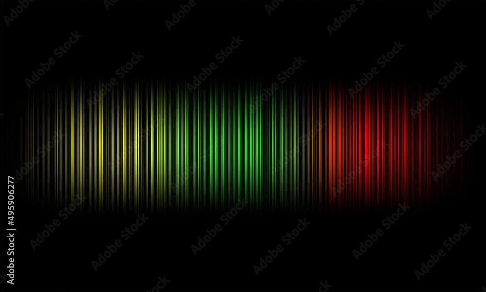 Abstract Red Green Yellow Digital equalizer audio sound waves on black background, stereo sound effect signal with vertical lines.