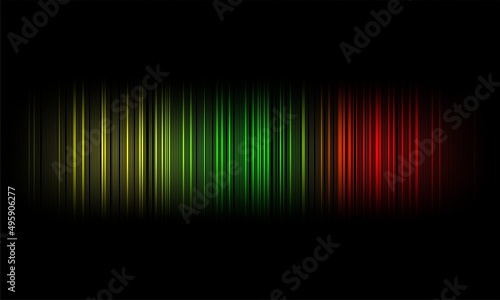 Abstract Red Green Yellow Digital equalizer audio sound waves on black background, stereo sound effect signal with vertical lines.