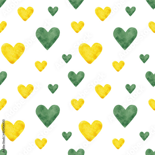 Watercolor seamless pattern with hearts isolated on white. Elements in the shape of a heart in yellow and green. For decor, design, printing on paper, scrapbook, fabric. Love style. Valentine's Day.