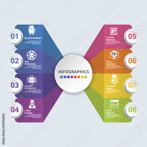 Infographic Banned Internet icons vector illustration. 8 colored steps info template with editable text.