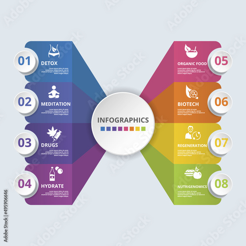 Infographic Biohacking icons vector illustration. 8 colored steps info template with editable text.