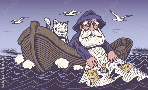 An old fisherman and his cat in a boat are fishing with a net in the sea. Gravure style. Vector illustration