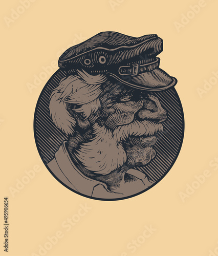 Old man with gray hair, mustache and sideburns. An old sea wolf in a peaked cap in a round emblem.  Hand drawn portrait in engraving style.  Vector Illustration.